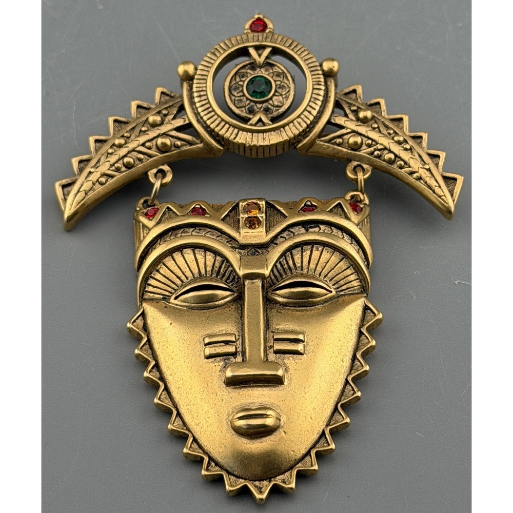 Vintage Avon Brooch Egyptian Revival Tribal Mask Accent Rhinestones 3"